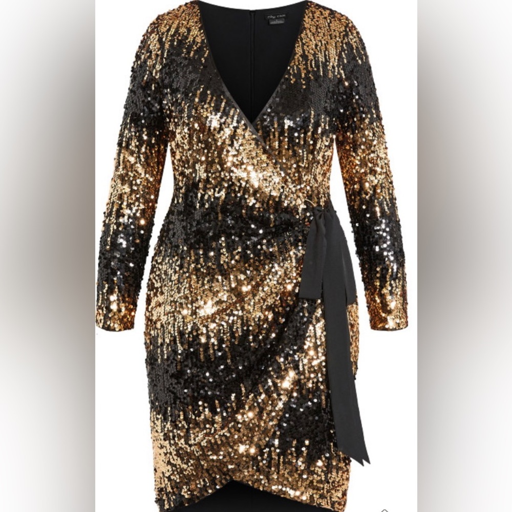 City Chic Black & Gold Wrap Dress
